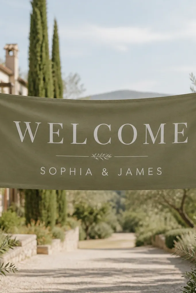 A long fabric banner hung from two posts with metal grommets. The center reads WELCOME in large white letters with the couple's names below. The fabric looks like matte cotton-poly blend.