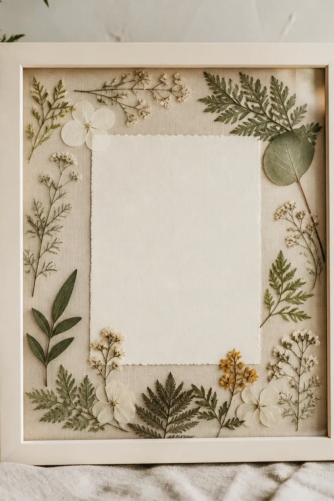 A cream-toned frame with a glass front. Inside, a printed welcome message sits on a textured botanical background. Small preserved-looking leaves appear around the edges, protected under glass.