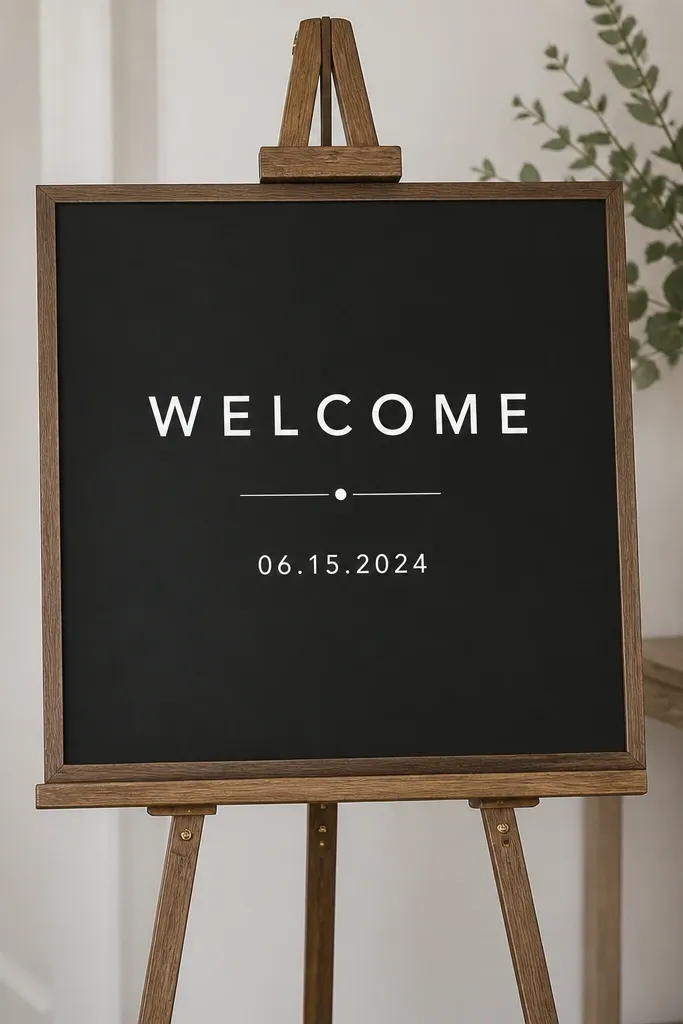 A black chalkboard on a wooden easel. The welcome text is made of removable vinyl letters in white, with a date line in a smaller font. The board looks clean and evenly spaced.