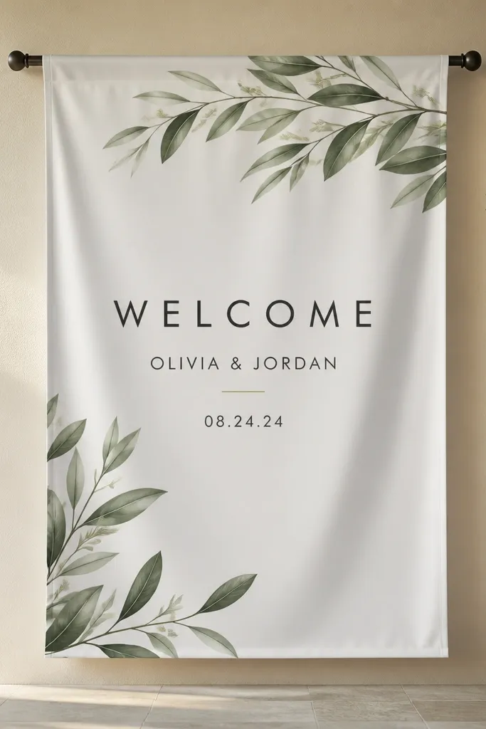 A printed polyester banner hanging from a tension rod. The fabric looks smooth and matte. The center text says WELCOME with names and a date in a clean sans-serif font.