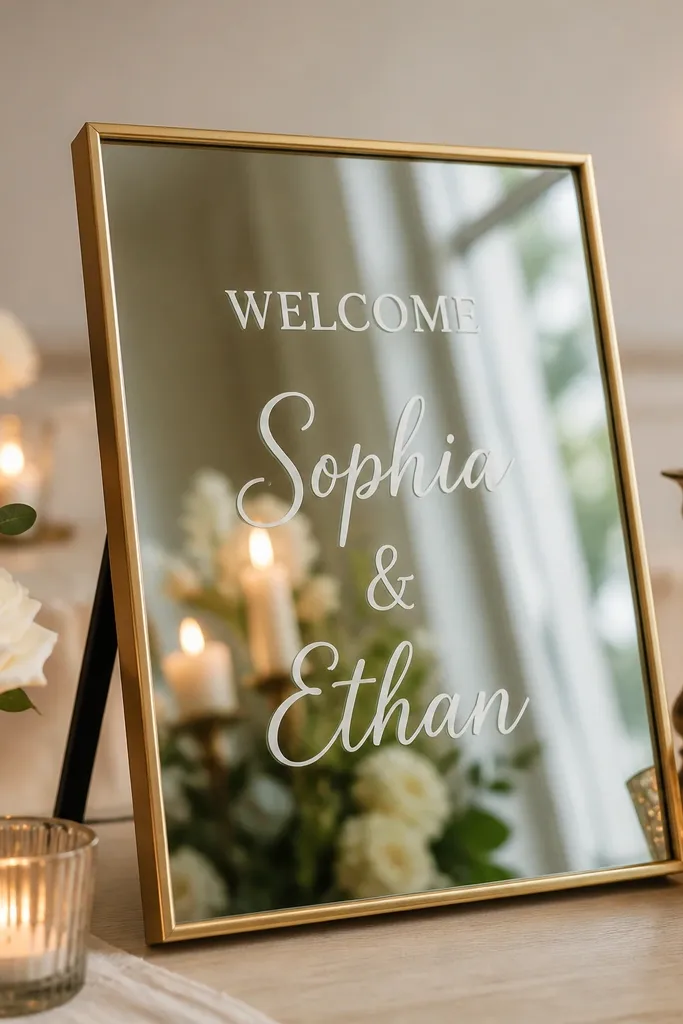 A small framed mirror leaning on a stand. The mirror has removable vinyl text reading WELCOME and the couple's names. The reflection shows candles and flowers behind it.