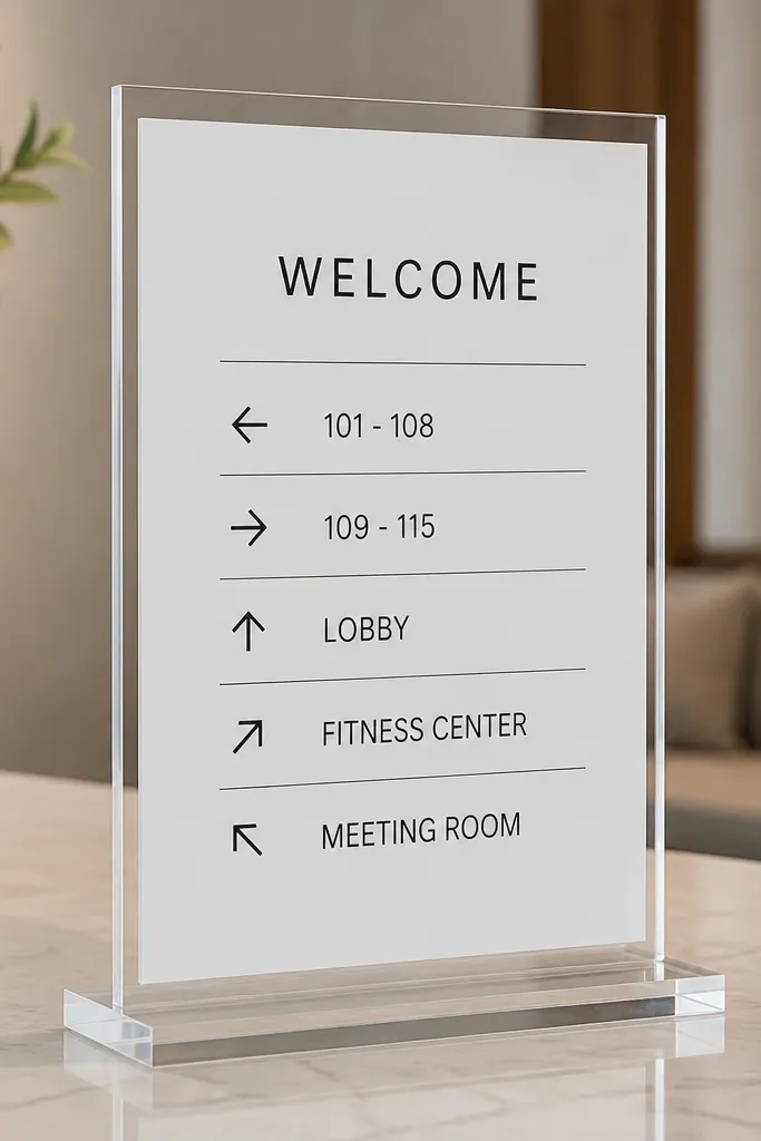 A clear acrylic panel standing on a base. Under the acrylic, a white insert shows the welcome text and directions. The directions include arrows and room numbers in black.