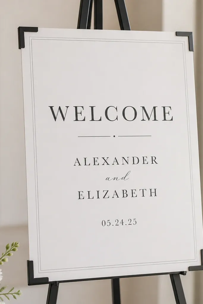 A white foam-free board sign with a simple border. It's mounted on a stand using corner clips, so there are no tapes or adhesives on the board. The text reads WELCOME with names and date in dark gray.