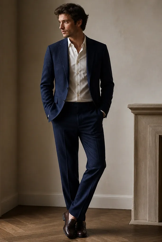 A men's outfit: a soft navy two-piece suit with a slightly textured fabric, worn with an ivory matte button-down. The jacket has a clean two-button front, the trousers are hemmed to break slightly over brown leather loafers.