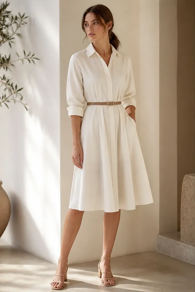 A women's outfit: an ivory poplin button-down dress or tunic worn with a narrow belt at the natural waist, sleeves neatly rolled. The skirt falls just below the knee and the shoes are nude strappy low heels.