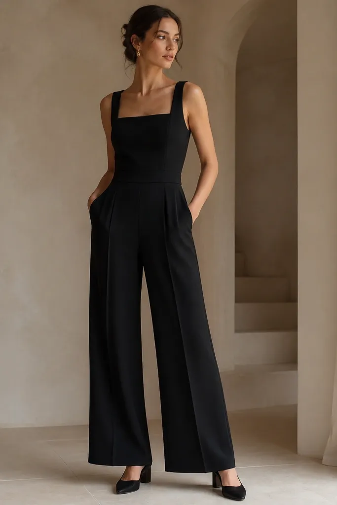A women's black tailored jumpsuit with a slightly square neckline, a fitted waist seam, and wide-leg trousers. The fabric looks thick and matte; the belt is either hidden or very slim. Shoes are black low block heels.