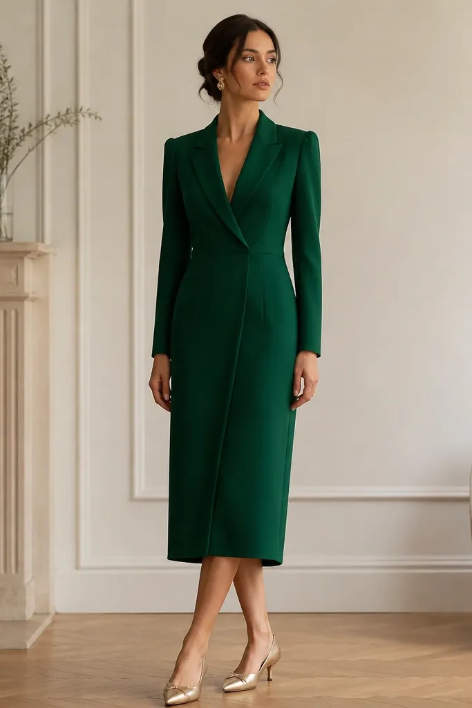 A women's outfit: an emerald green crepe blazer dress with a V neckline, structured shoulders, and a tailored waist. The fabric looks matte and smooth; the hem hits mid-calf. Pair with gold earrings and low heeled pumps.