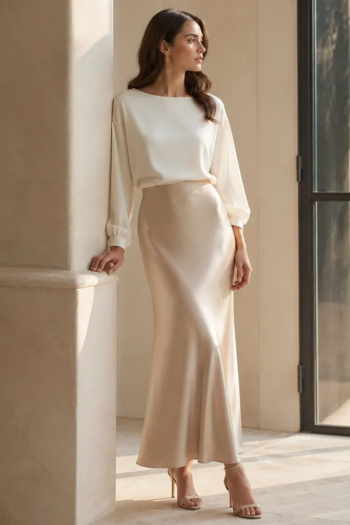 A women's outfit: a champagne-colored satin or matte-silk skirt with a slight sheen, paired with a simple ivory top. The skirt has a clean waistband and falls to the ankle or lower midi. Shoes are champagne or nude heels.