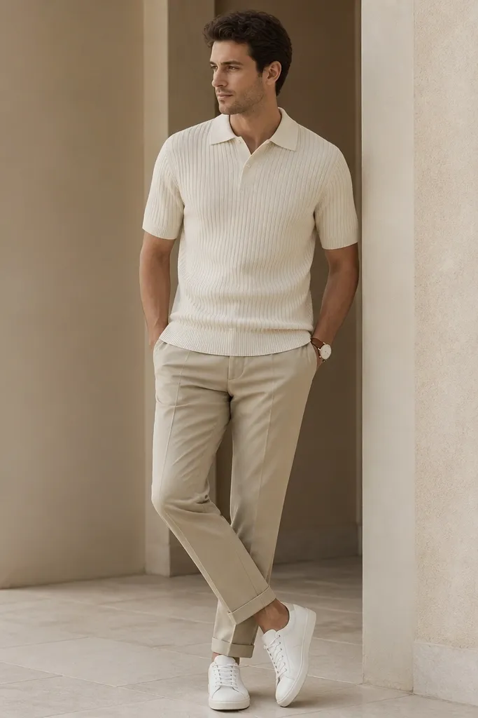 A men's outfit: a cream knit polo with a clean collar, worn with stone-colored tailored chinos. The shoes are white leather low-top sneakers or tan loafers, and there's a simple leather watch.