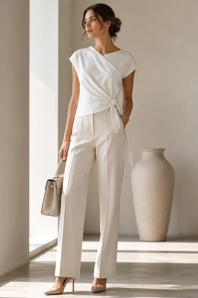 A women's outfit: a white asymmetric wrap top with a diagonal seam and a tie at the side, paired with high-waist tailored trousers in soft ivory or light beige. Shoes are nude heels and the bag is structured.