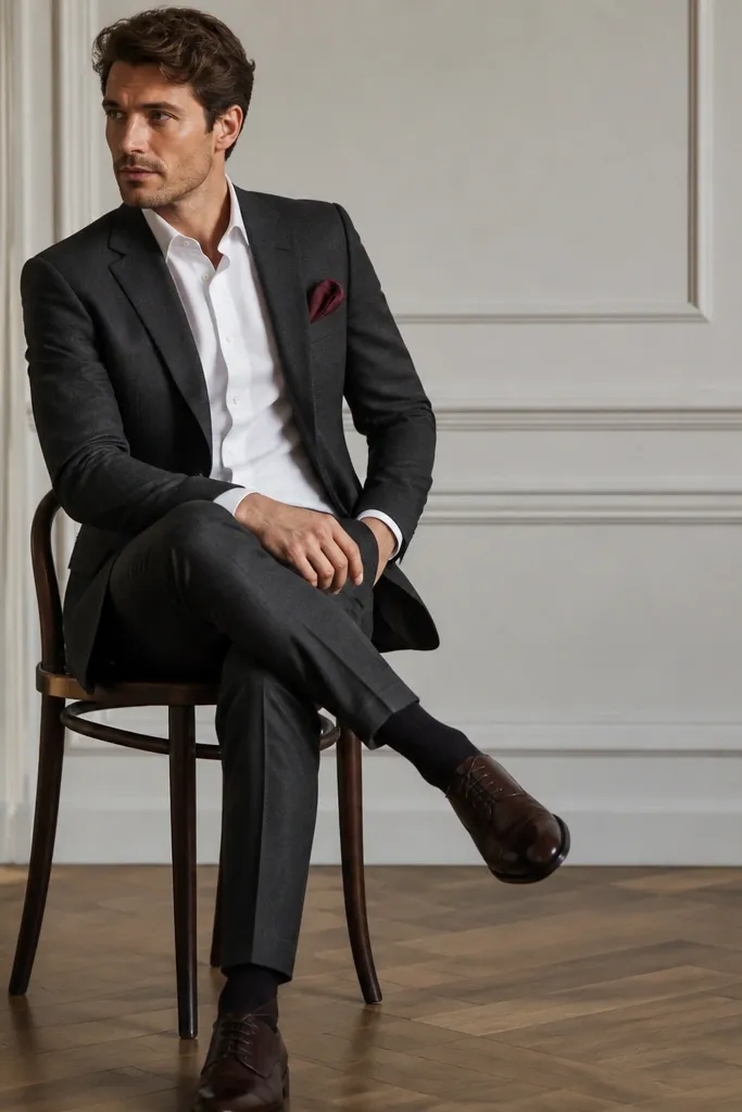 A men's outfit: charcoal suit jacket with a burgundy folded pocket square in the breast pocket. The shirt is white with a matte finish, and the trousers are tailored. Shoes are dark brown leather oxfords.
