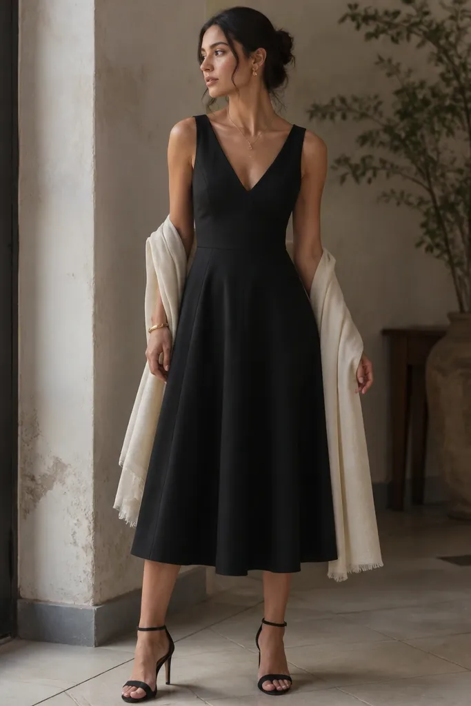 A women's black midi dress with a V-neck and thick straps, fitted through the bodice and gently flared from the waist. The fabric looks matte and structured. The shoes are black strappy heels and there's a light shawl.