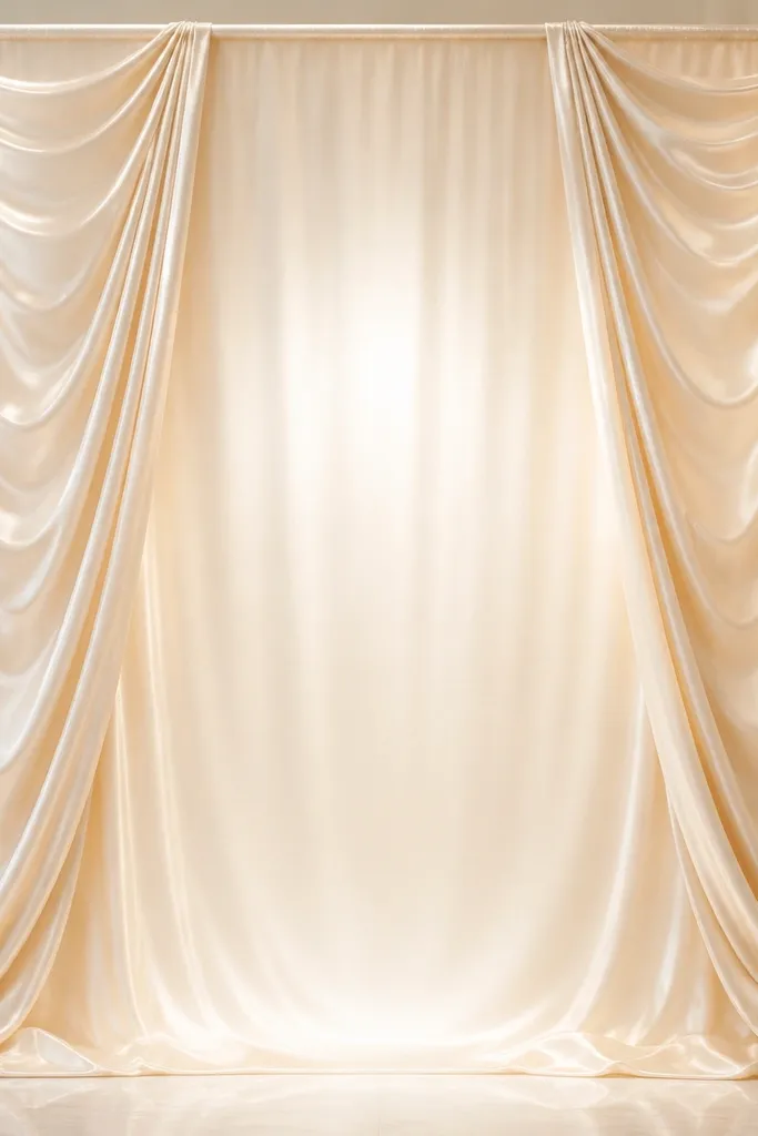 A full-height backdrop made from pale champagne satin, with two soft draped "waterfalls" falling from a top bar. Along the outer edge of the panel there are thin pearl strings that catch light. Behind the couple area, the center is clean and bright, with the satin reflecting a warm glow.