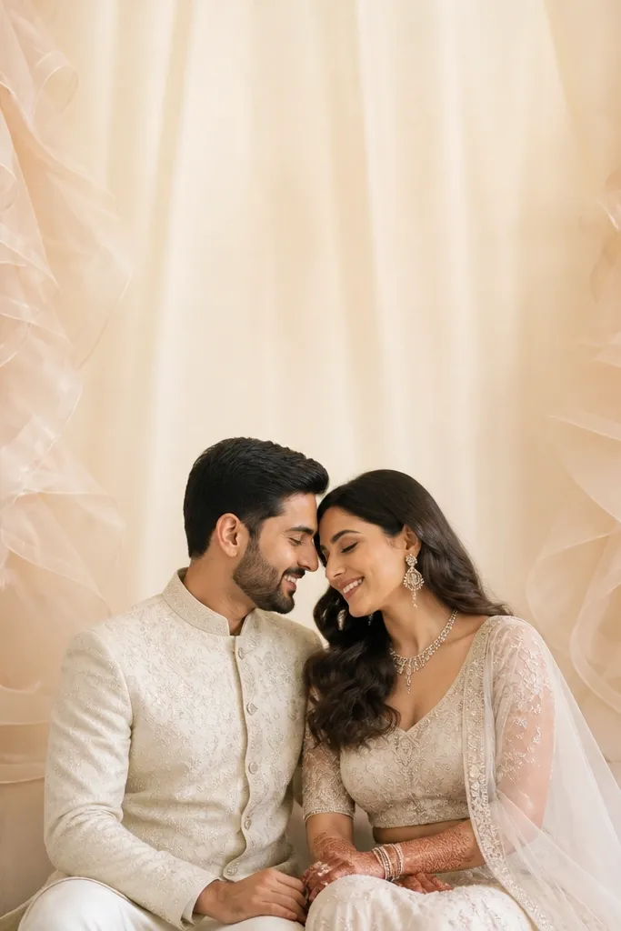 A half-frame backdrop where the center is plain champagne fabric, and both sides show layered organza ruffles. The ruffles are semi-transparent and softly layered, creating a light, airy outline around the couple's head and shoulders. The background has a gentle glow with no heavy garlands in the center.