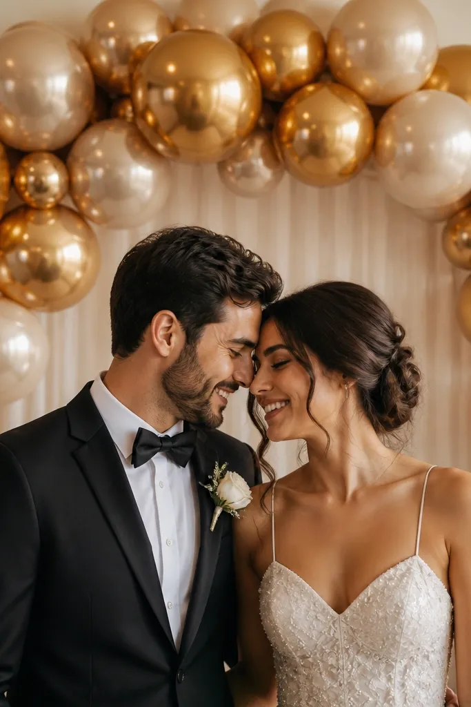 A gold and champagne foil balloon arch with a mix of large and medium balloons. The arch sits behind the couple's head and shoulders, with a thin backdrop fabric behind it. The balloons have a reflective surface and catch warm indoor light.