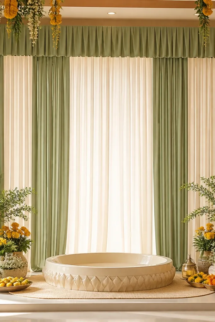 A modern backdrop with sage green and ivory drapes layered in vertical bands. There's a top valance and the sides fall straight down in clean folds. The haldi area sits in the center with a lighter ivory panel to keep the look bright.