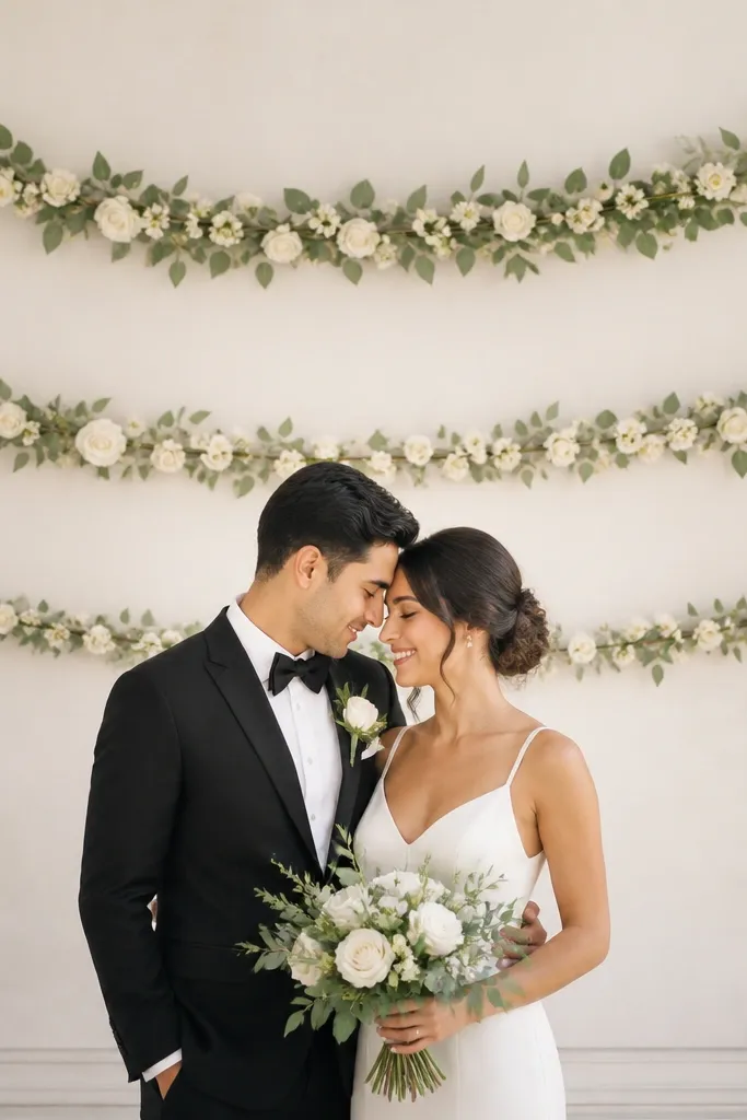 A backdrop with three horizontal garlands made of warm white faux blooms and greenery, stacked behind the couple's head. The center is lighter and the garlands fade slightly in thickness from top to bottom. The overall look is clean and luxe without big flower clusters.