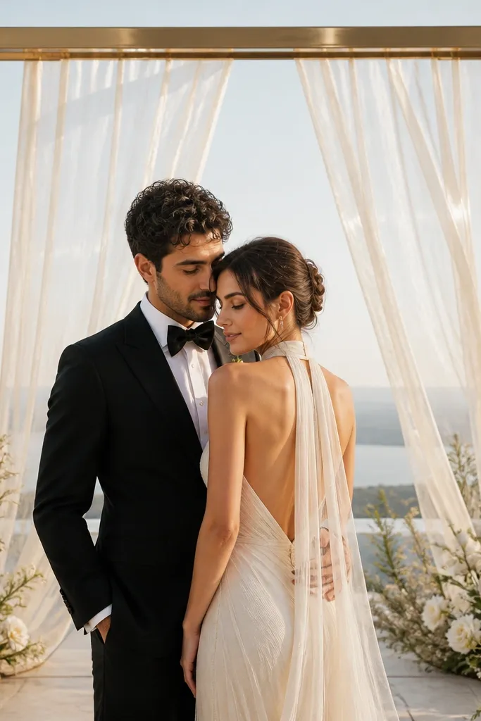 A gold metallic rectangular frame behind the couple with sheer ivory drapes hanging inside. The sheers are semi-transparent and catch light. The gold frame looks clean and architectural, with small reflective highlights.