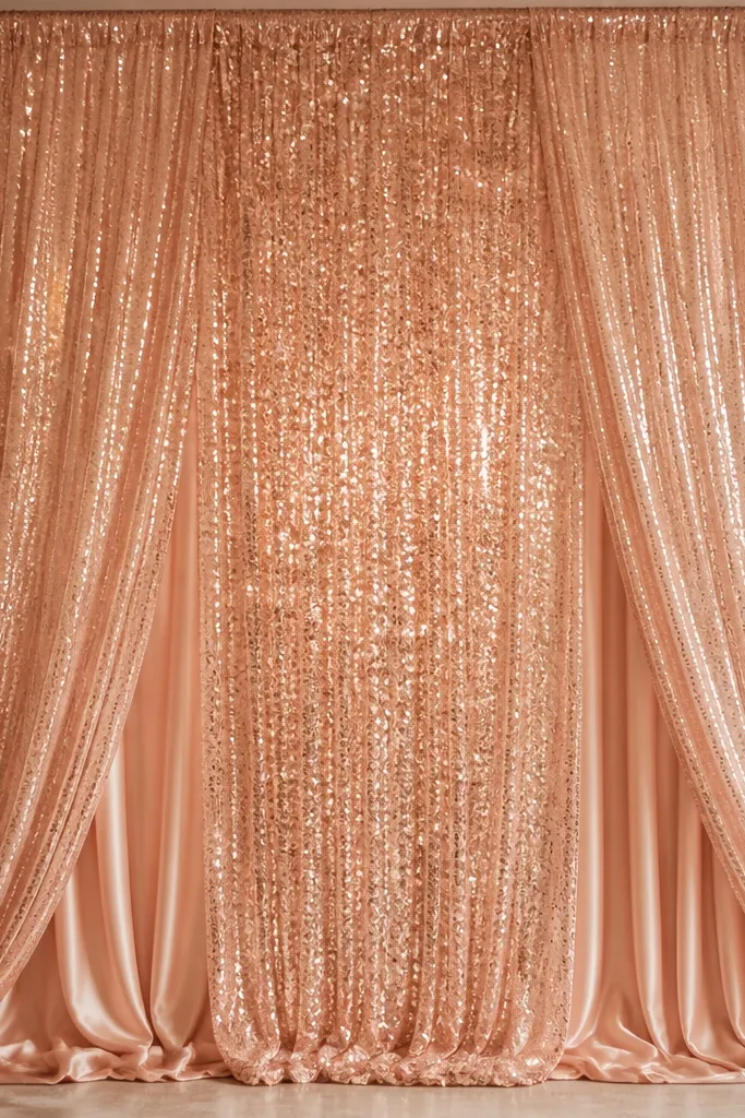 A full backdrop made of rose-gold sequin curtain panels layered over a satin base. The sequins shimmer under warm light and the center is more densely layered. The top edge is straight and secured to a bar.