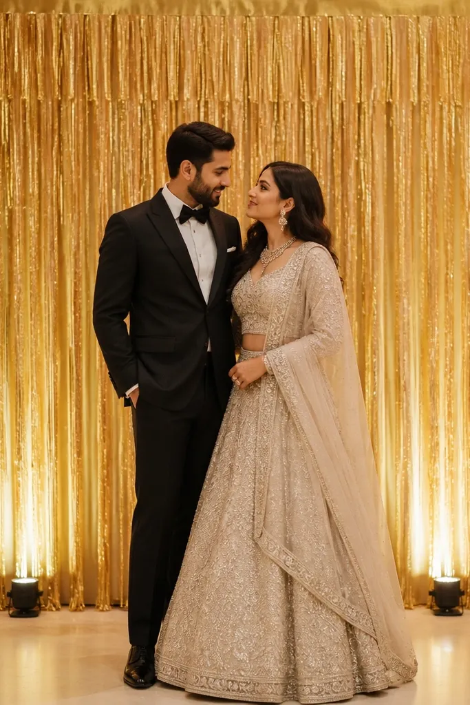 A curtain of gold tassel fringe hangs in vertical strands behind the couple, with warm white uplights aimed upward from the floor. The tassels shimmer gently and create a curtain-like effect. The top edge is secured neatly with a satin header strip.