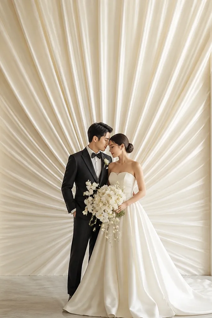 A backdrop panel where pleated ivory satin is folded like a hand fan behind the couple's head area. The pleats radiate from a central point, creating a soft halo. The sides are plain and the center pleat shape is clean and symmetrical.