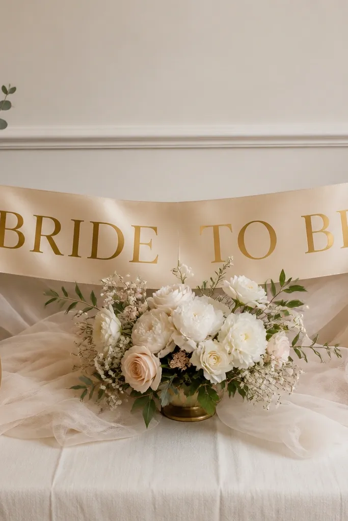 A bride-to-be sign made from a long champagne satin ribbon draped across a cream table runner, with warm gold vinyl letters spelling a celebratory phrase. The banner sits centered behind a small floral arrangement, with soft tulle gathered around the base.