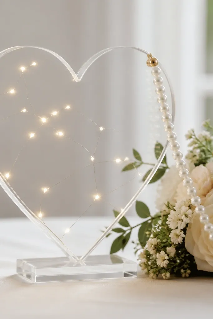A clear acrylic heart sign standing on a small base, with tiny warm-white fairy lights behind it. A strand of faux pearls drapes from the sign's top corner down toward a floral arrangement, creating a gentle diagonal.