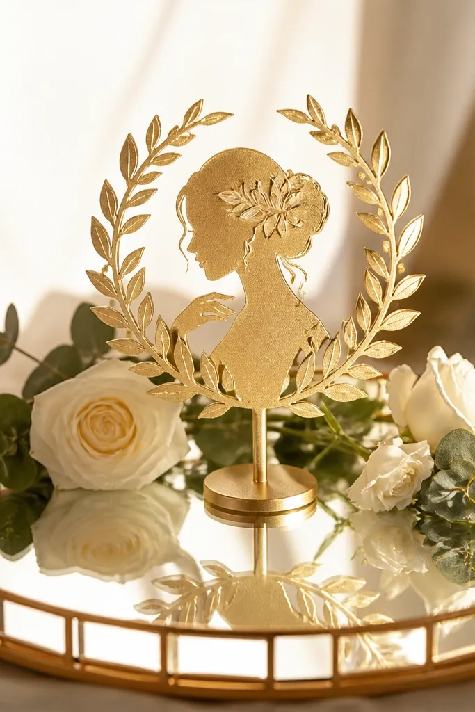 A gold leaf style bride-to-be topper placed in the center of a mirrored tray, with a small arrangement of cream flowers and eucalyptus around it. Warm light reflects off the mirror edges, creating a soft glow.