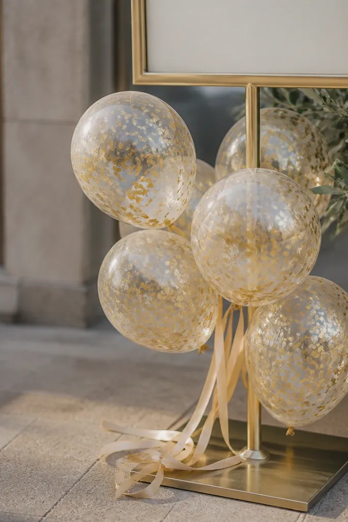 Confetti-filled warm gold balloons tied with champagne satin string, placed at the base of a sign stand. The confetti sparkles softly rather than blasting bright highlights.
