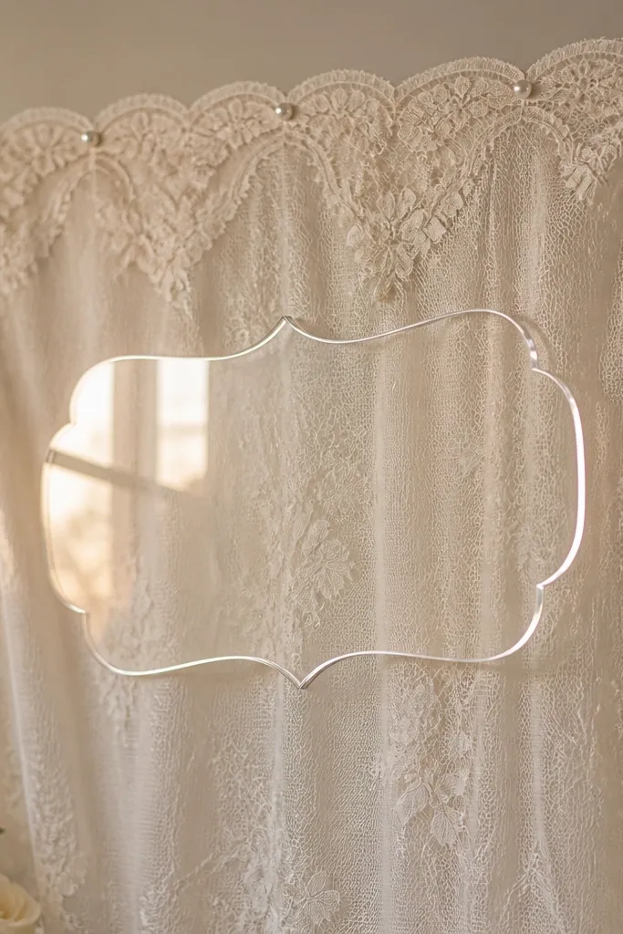 A scalloped cream lace fabric panel hung behind a bride-to-be acrylic nameplate. The lace has a patterned edge, and the acrylic nameplate reflects warm light, with small pearl pins holding lace in place.