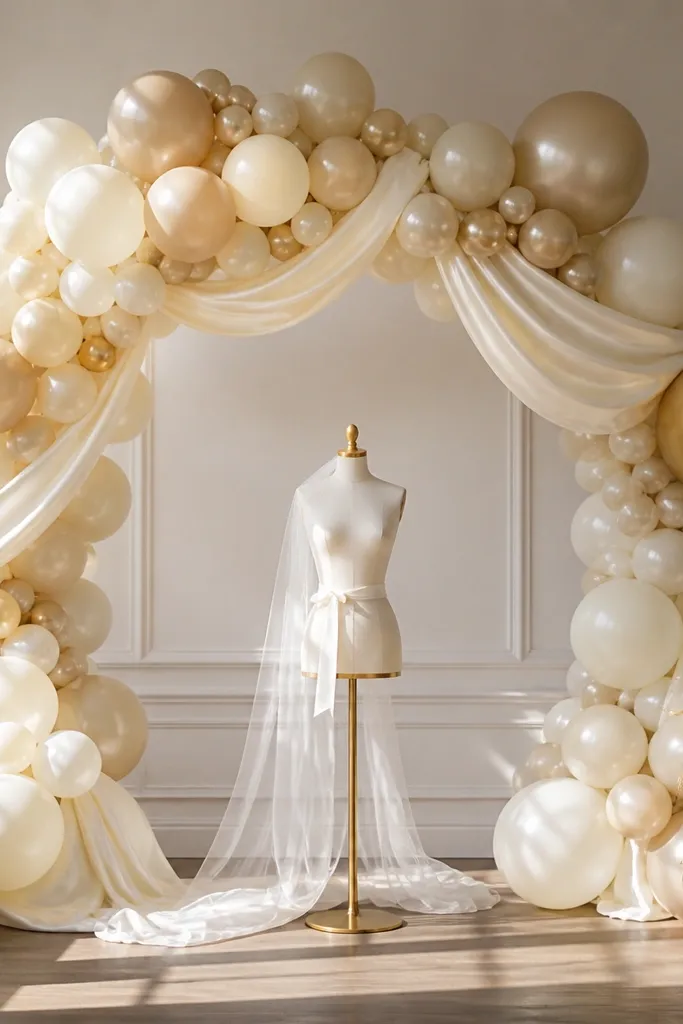 A champagne balloon arch made with cream, champagne, and one warm-gold balloon, wrapped with fabric drape in cream satin. There is a clear center gap where a bride-to-be sign stands.