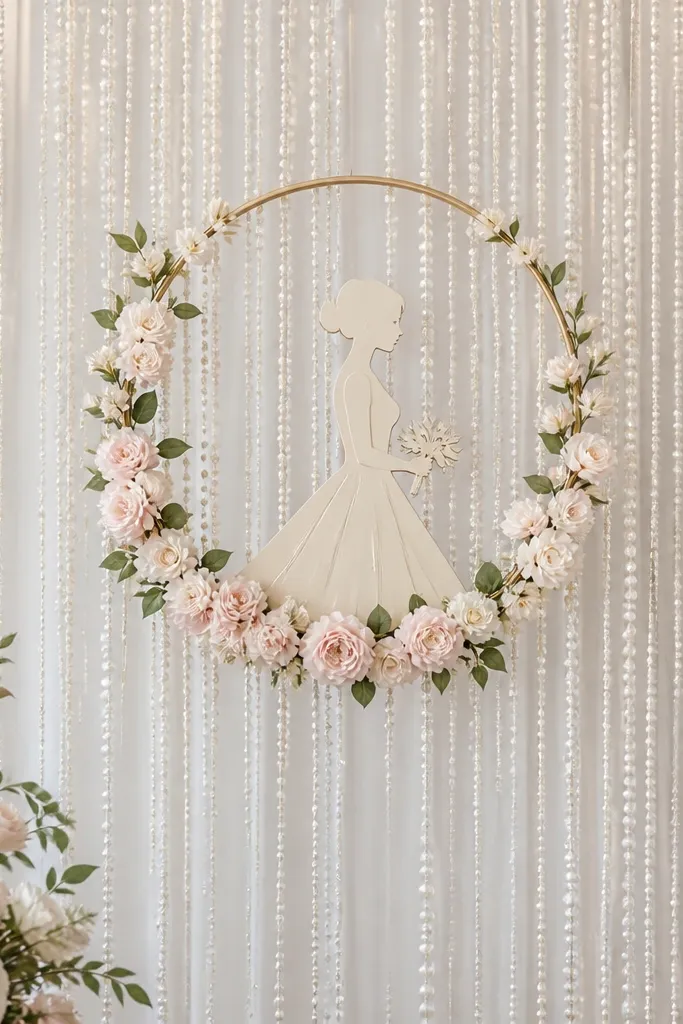 A curtain of pearlized garland hangs behind a bride-to-be sign, falling in vertical strands. The sign is centered and the garland creates a soft, glitter-free sparkle effect.