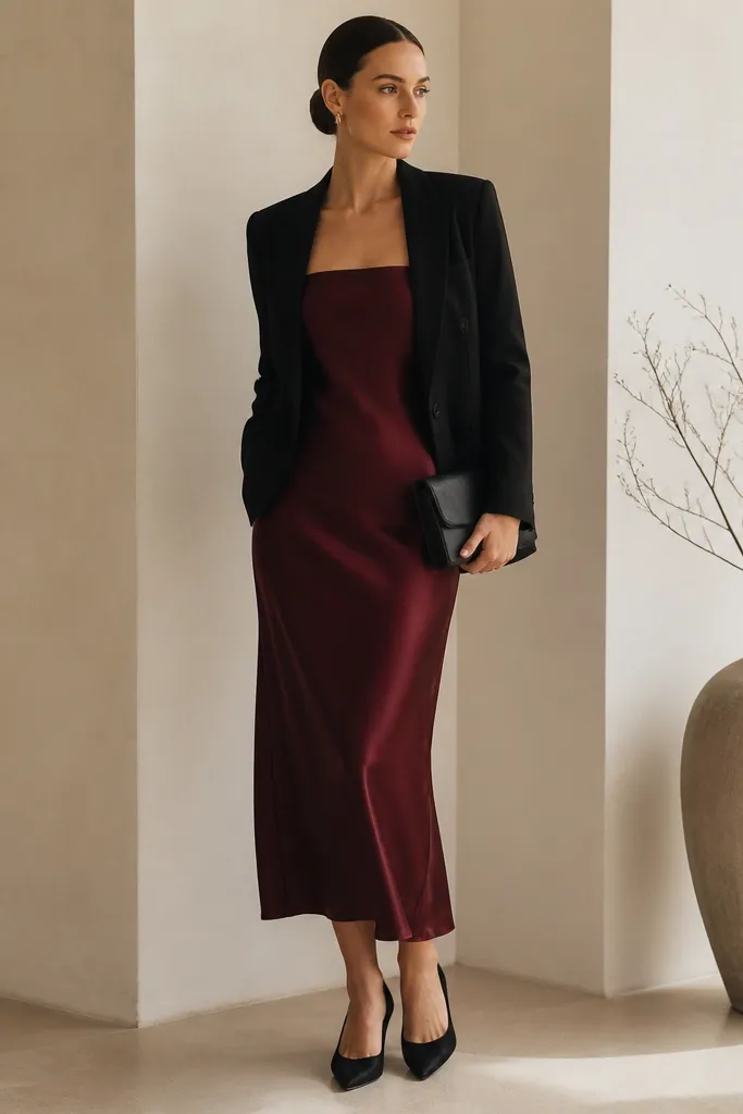 A deep burgundy silk midi slip dress with a subtle sheen, worn under a fitted black blazer. The slip has thin straps and a straight neckline. The model's hair is styled sleek, and the pose shows the dress draping from the waist. The shoes are black pointed-toe heels, and a small clutch in matte leather sits at the hip.