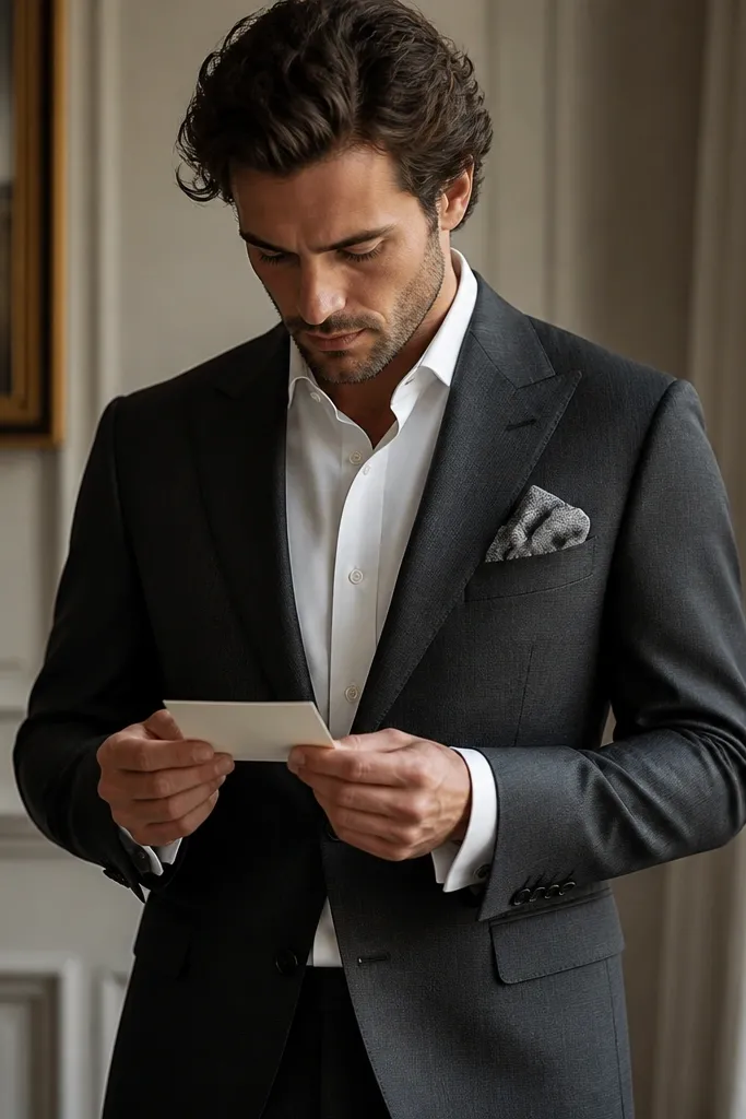 A charcoal two-piece suit with a crisp white dress shirt. The jacket has a structured shoulder and a subtle sheen lining. A textured pocket square in gray silk peeks from the breast pocket. The person holds a card with both hands, with the suit creases looking sharp.