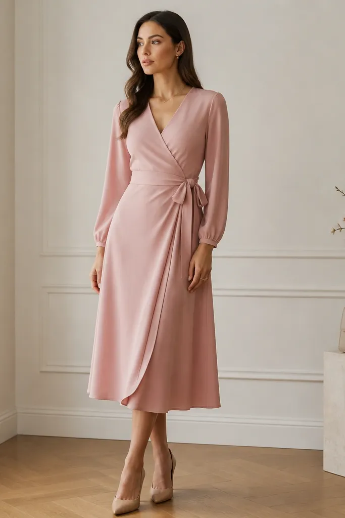 A rose pink wrap dress made of crepe with long sleeves. The wrap tie is visible at the waist, and the neckline forms a soft V. The skirt falls to mid-calf with a gentle drape. Nude heels and a small structured handbag sit at the side.