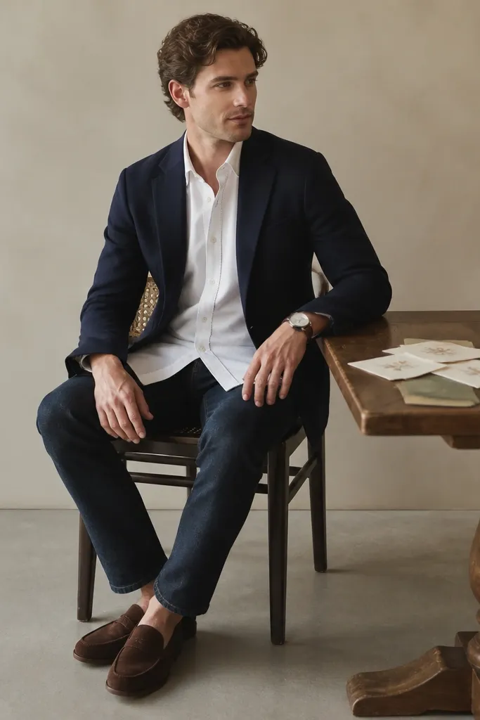 A white button-up shirt with small subtle embroidery along the placket, worn untucked over dark indigo jeans. A navy blazer sits over the shirt. The person wears brown suede loafers and has a leather watch on the wrist. The background is a neutral studio wall, and the save the date cards are laid on a table beside them.
