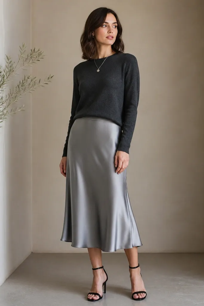 A silver-gray satin midi skirt with a smooth, reflective surface worn with a matte charcoal knit top. The top has a crew neckline and long sleeves. The skirt has a slight A-line drape. The person wears black ankle-strap heels and a simple silver pendant necklace.