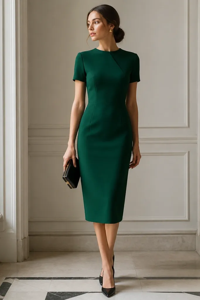 An emerald green tailored dress with a high neckline and short sleeves. The dress has waist shaping seams and a pencil-skirt silhouette that hits just below the knee. The person wears black heels and a small structured clutch with gold hardware.