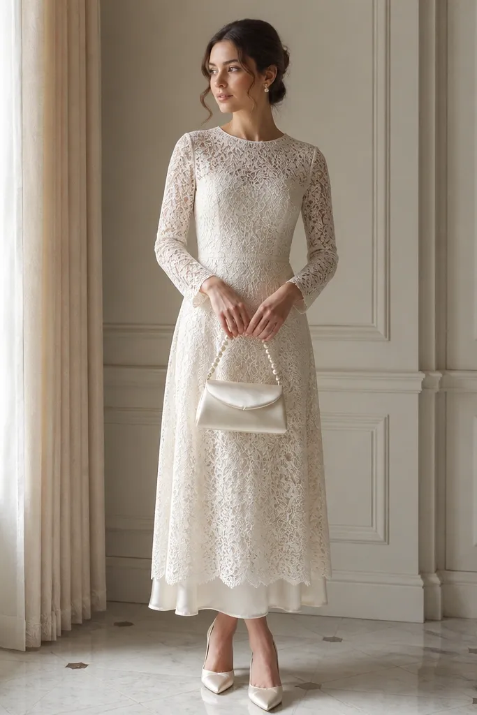 An ivory lace dress with long sleeves and a modest crew neckline. A satin slip peeks slightly at the hem so the lace doesn't look sheer. The person wears satin pumps in champagne and carries a clutch with a subtle pearl handle. The lighting is soft, and the lace pattern is visible up close.