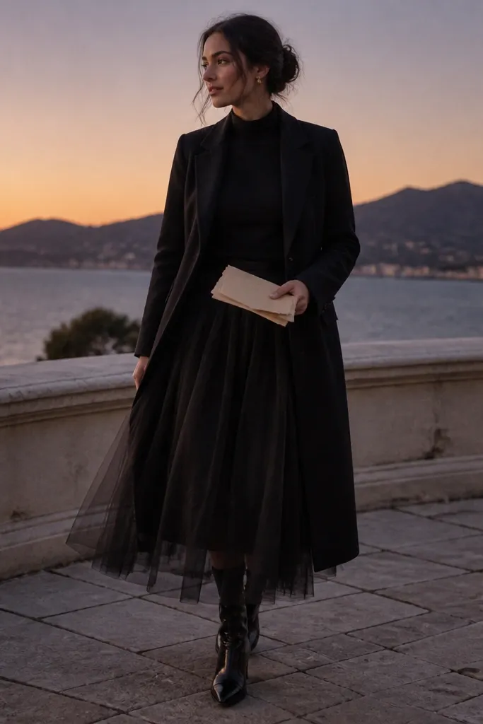 A black tulle midi skirt layered over a smooth under-skirt, paired with a fitted black top. A long black coat falls to mid-calf, framing the skirt. The shoes are glossy black boots. The person is outdoors at dusk, holding save the dates while the tulle catches light.
