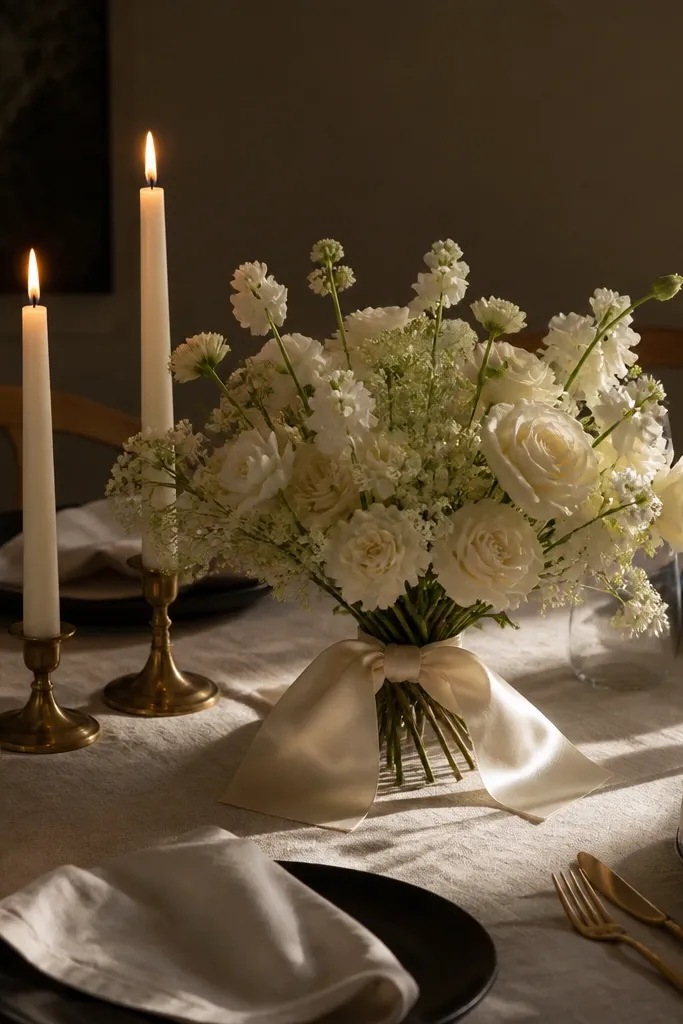 A softly lit dinner table set with off-white linen napkins, two taper candles in brushed brass holders, a simple low bouquet wrapped in ivory satin, and a dark ceramic plate background. The scene has warm shadows and a clean, uncluttered centerpiece.