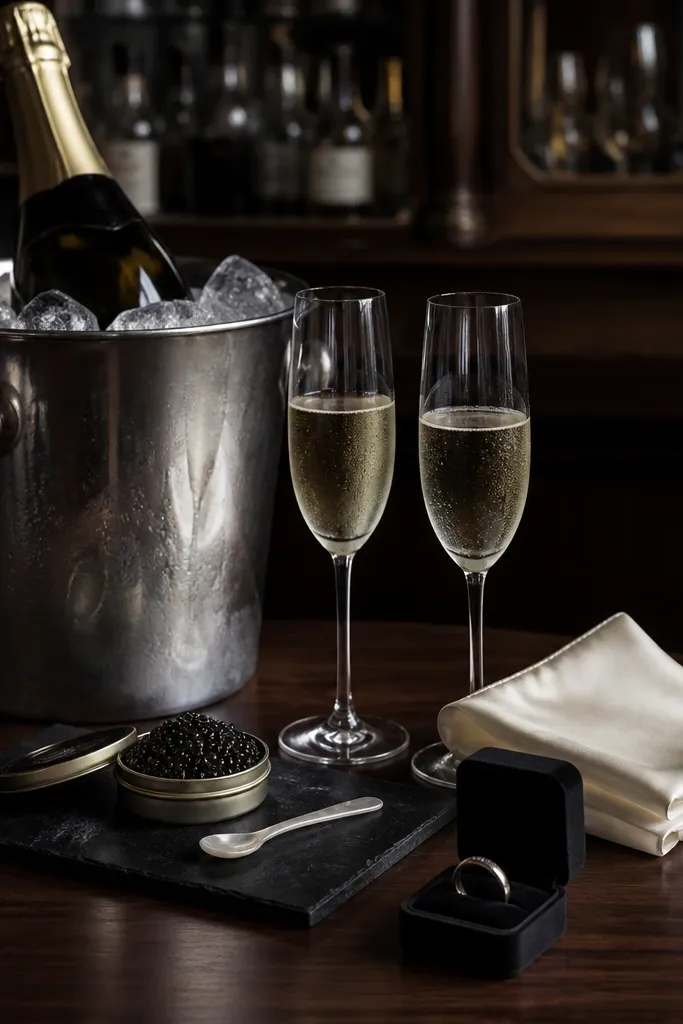 A moody dark wood bar with a chilled champagne bottle in an ice bucket, two flutes with condensation, a small tin of caviar on a black slate board, and a folded ivory pocket square resting near a ring presentation box.