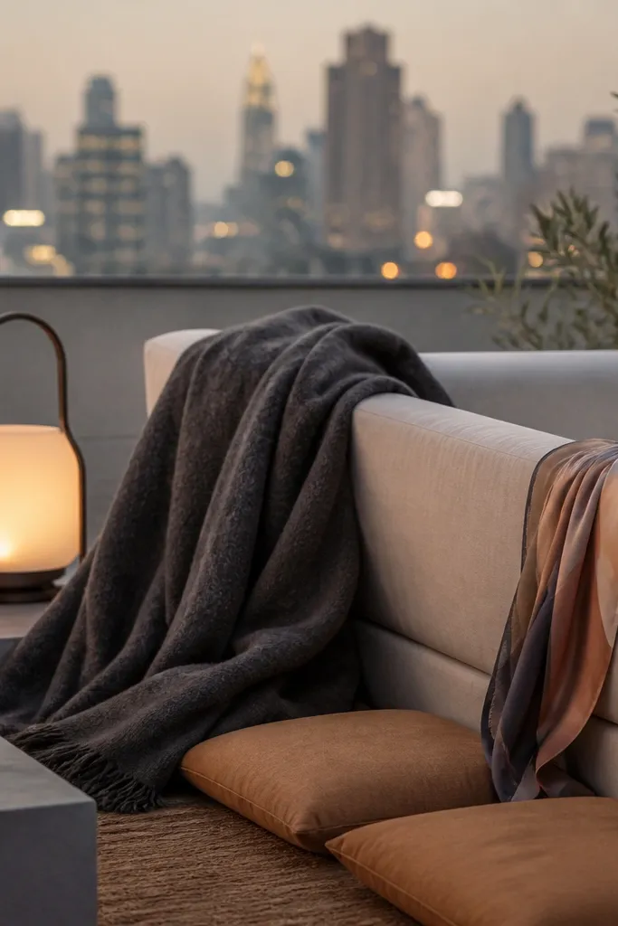 A rooftop seating area with a thick charcoal wool throw, two low cushions in camel, a soft cream lantern glow, and a silk scarf draped on the armrest. The city skyline is blurred in the background.