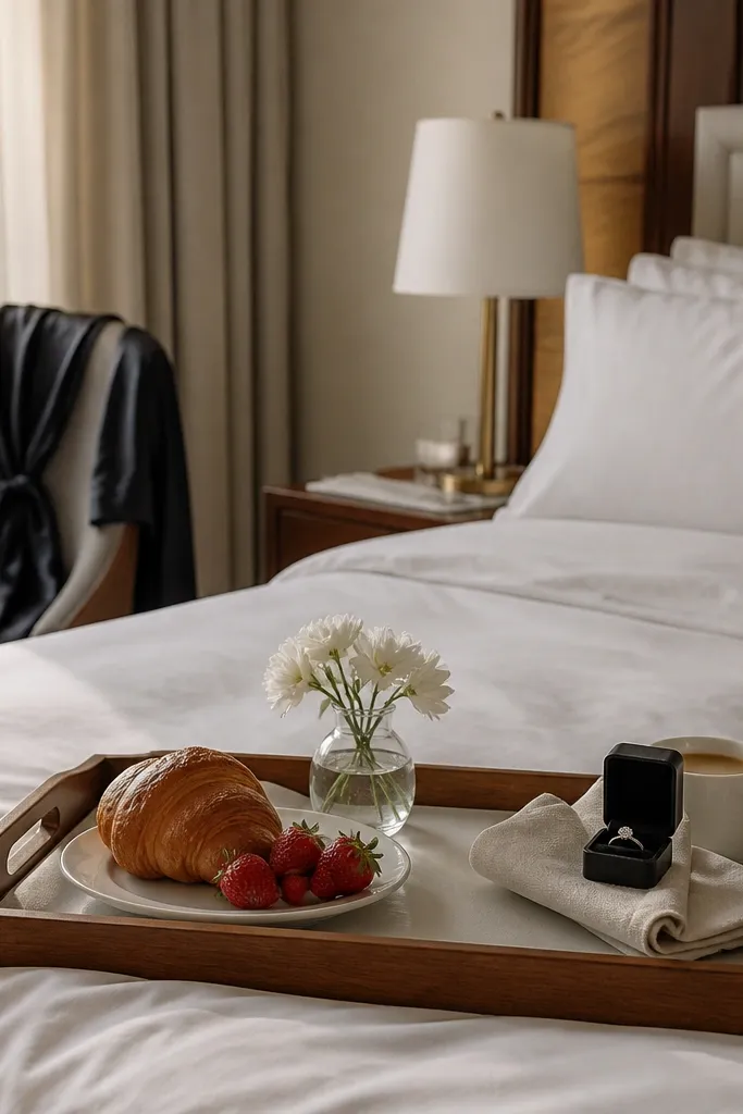 A hotel room bed dressed with white sheets, a dark satin robe hanging on a chair, and a breakfast tray with a croissant, strawberries, and a small vase of white flowers. A ring box rests on the tray near a folded linen napkin.
