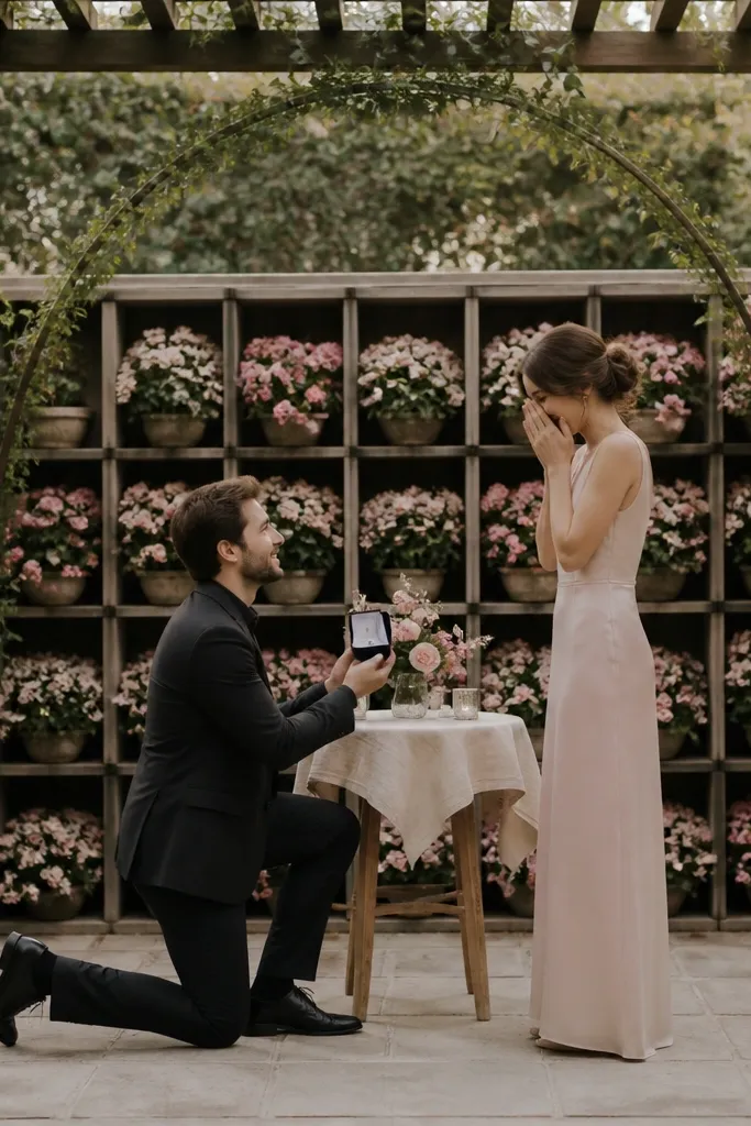 A garden pergola with a simple arch made from thin greenery, and a grid of flower containers in one color family. The proposal person stands beside a small wooden table with a ring box on a linen cloth.