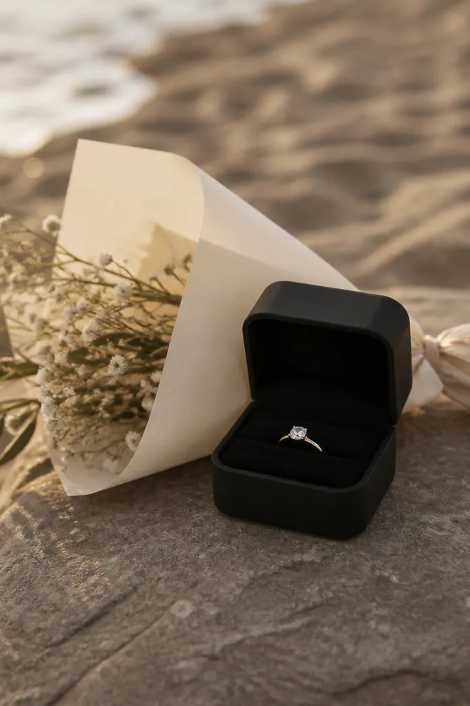 A matte black ring box sitting on a flat smooth stone near sand, with a minimal bouquet wrapped in cream paper. The background shows desert sand texture or beach shoreline, with soft golden hour light.