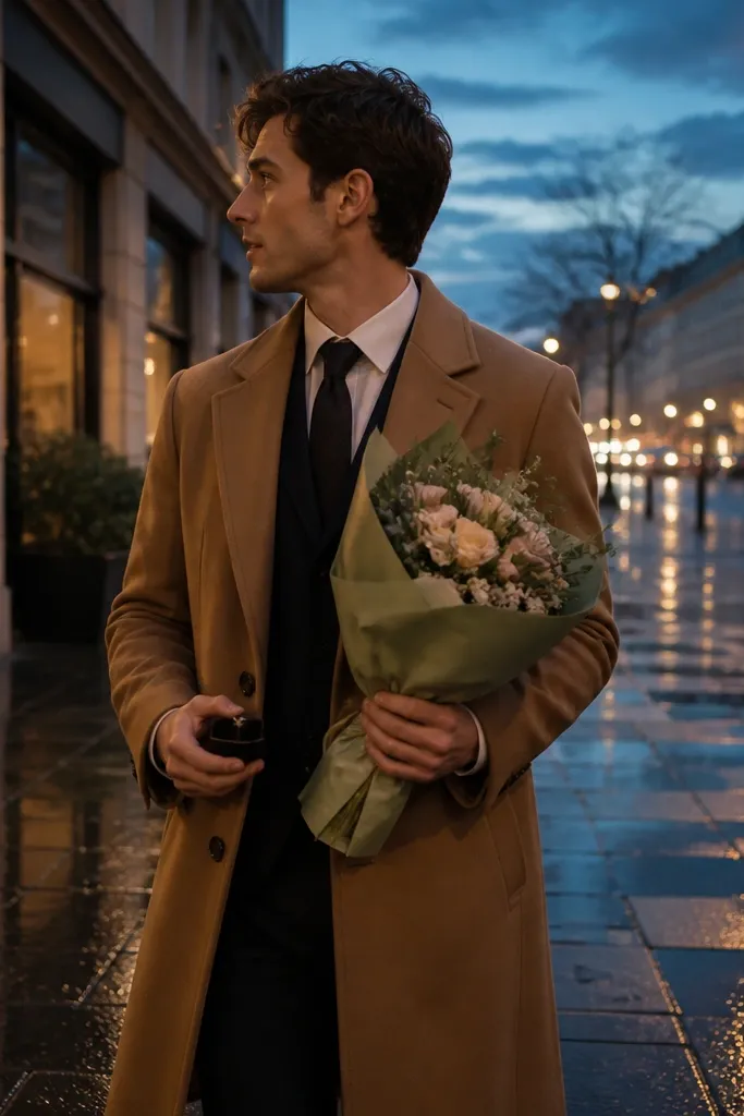 A street scene at dusk with wet pavement reflections. The person wears a long tailored overcoat in camel, holding a small bouquet wrapped in muted green paper, with a ring box in the other hand.