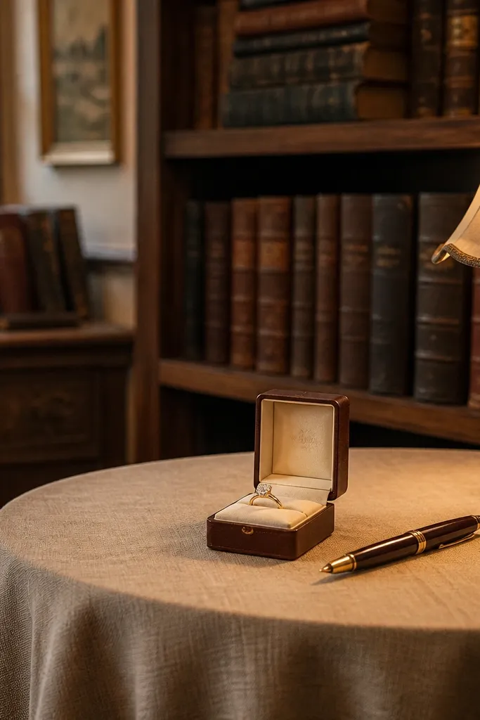 Inside a vintage bookstore: a leather-bound book backdrop, a small round table with a linen cloth, a ring box placed beside a single antique-looking pen, and warm reading-lamp light.