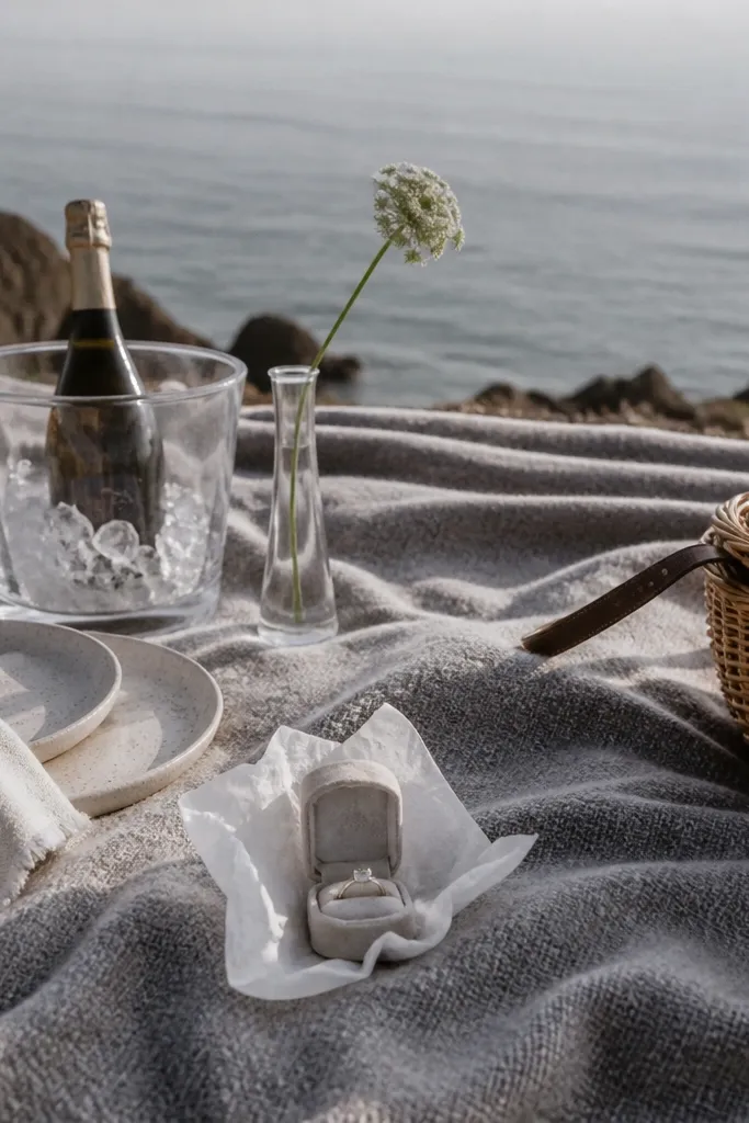 A picnic scene with a thick wool blanket in muted gray, ceramic plates, a bottle in a glass ice bucket, and a single long flower stem in a small vase. The ring box is wrapped in tissue and set on the blanket.