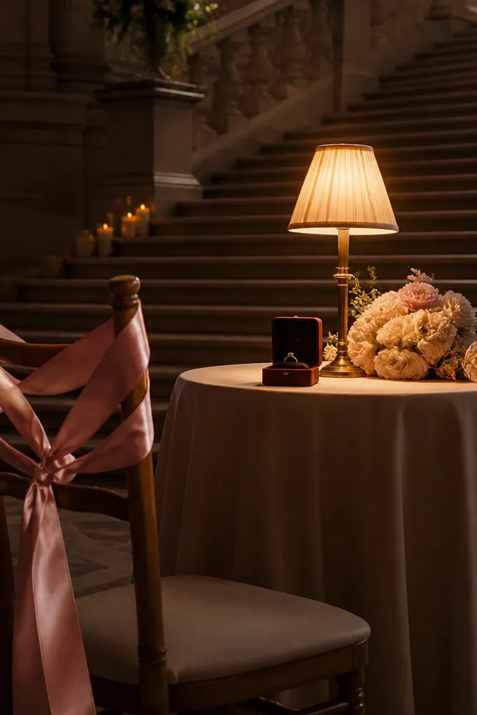 A grand staircase with a soft spotlight effect on a small table. Satin ribbons in one color wrap around a simple chair back, and a ring box sits under a warm lamp with a small bouquet beside it.